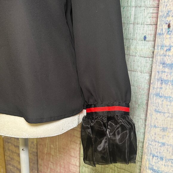 RUFFLE COLLAR & CUFFS FRONT TIE BUTTON DOWN SHEER LONG SLEEVE BLOUSE - Picture 6 of 11